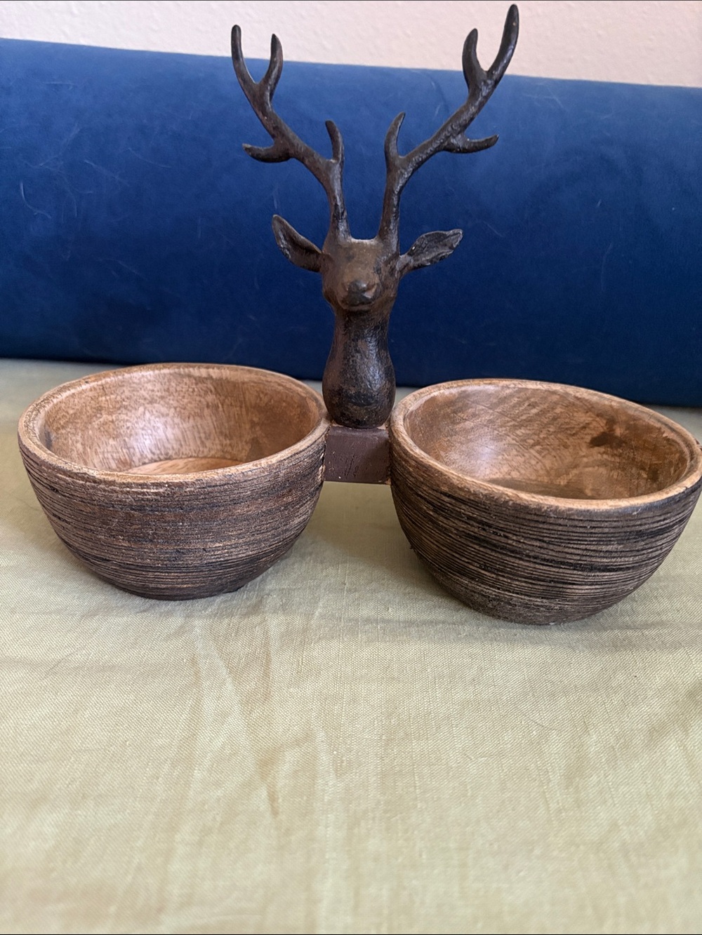 Mud Pie Brown Double Wooden Bowl with Deer Stag Head Antlers Accent